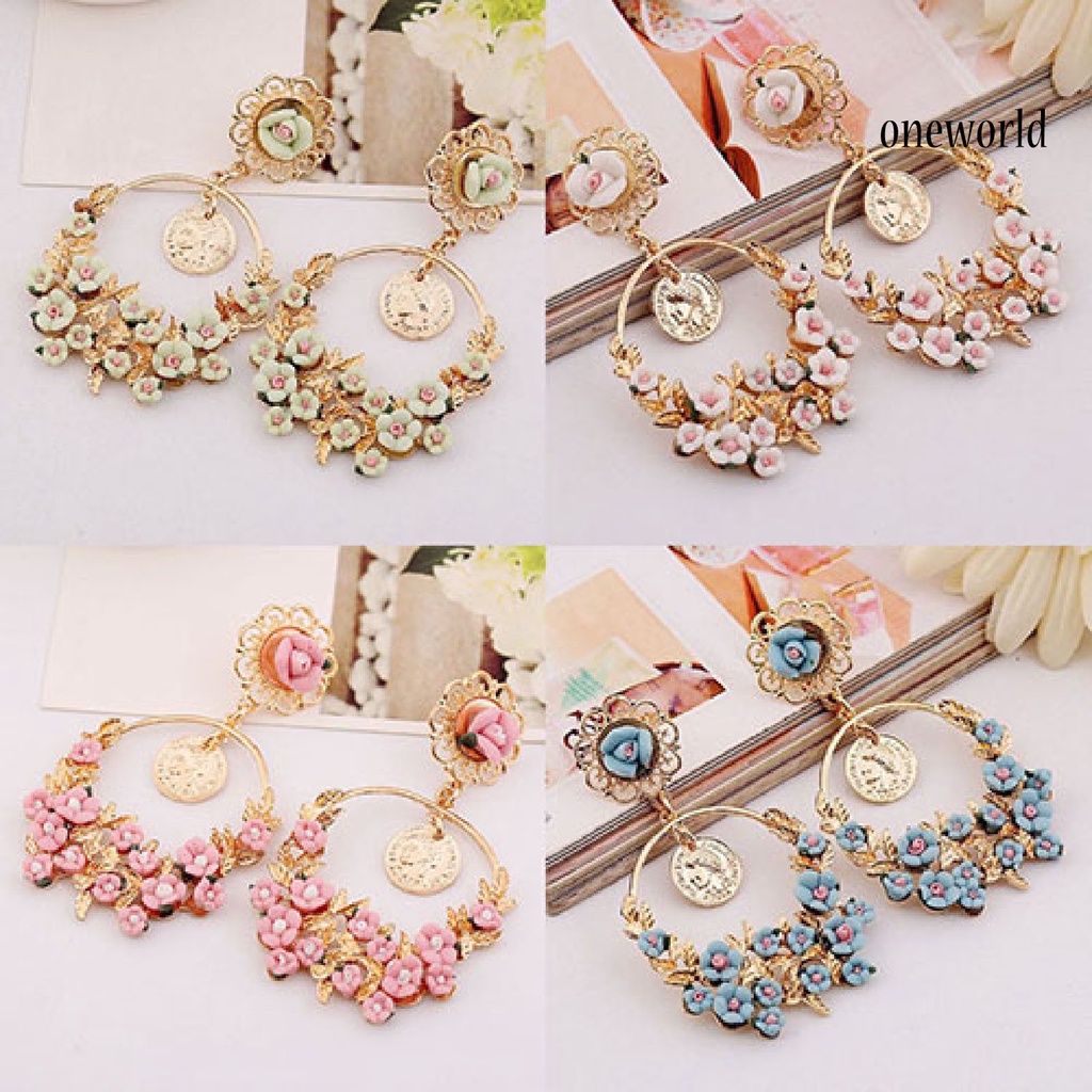 OW@ Ear Studs Circular Ring Not Rust Flowers Pattern Women’s Fashion Flower Dangle Ear Studs for Daily Life