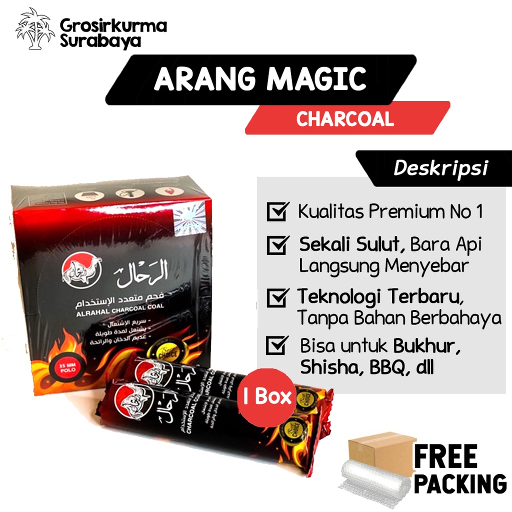 1 BOX (8 Roll) Arang Magic Al Rahal Premium Sekali Sulut Langsung Nyala Api Besar &amp; Merata