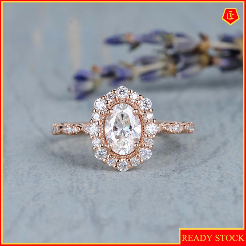 [Ready Stock]Elegant Moissanite Oval Micro Inlaid with Diamond Ring