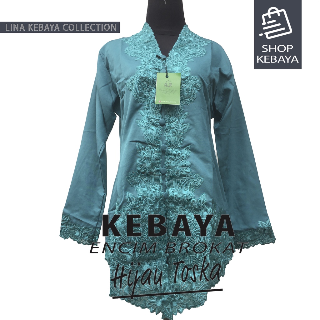 Kebaya Encim Modern Hijau Toska Kartini Katun Bordir Lengan Panjang