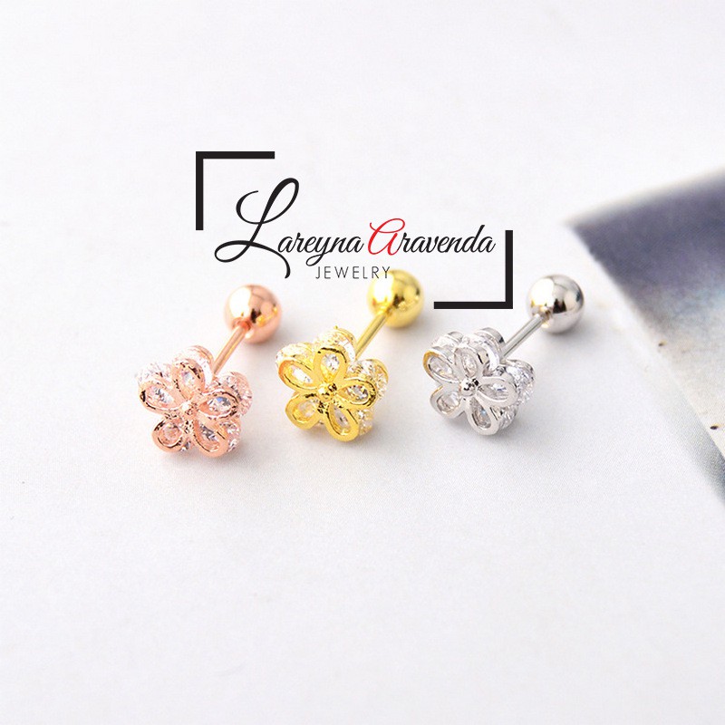 Anting Wanita Titanium Asli Bunga Crystal Kristal Zircon AAA ET002