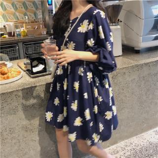 Dress Mini Wanita  V Neck Lengan Pendek Motif  Print Bunga 