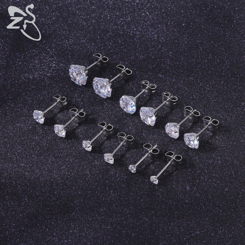 6 Pasang / Lot Anting Stud Helix Conch Zircon Shiny Bahan Stainless Steel 20g Ukuran 3-8mm