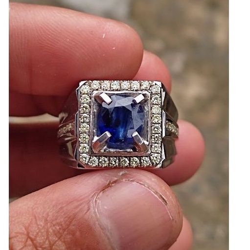 CINCIN PRIA BATU PERMATA NATURAL ASLI BLUE SAPHIRE SRILANKA FULL BERLIAN EROPA RING PERAK