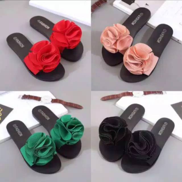 Sandal Wanita Sandal Slip Bunga Cantik Datar