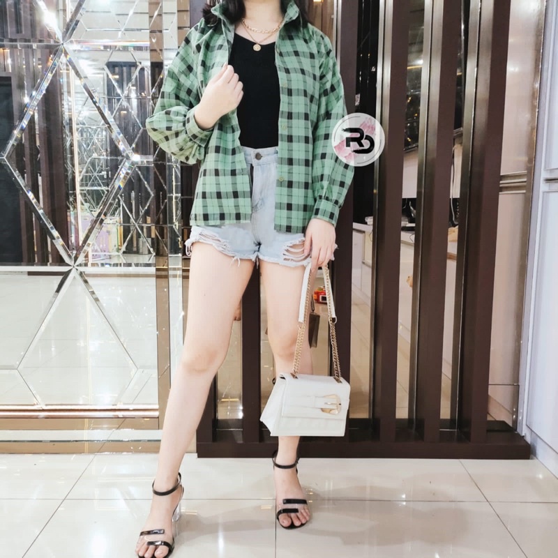 RD FASHION Kemeja Oslin Oversize | Kemeja Korea Jumbo Wanita | Bahan Creap - Fit to L-HIJAU ANGGI