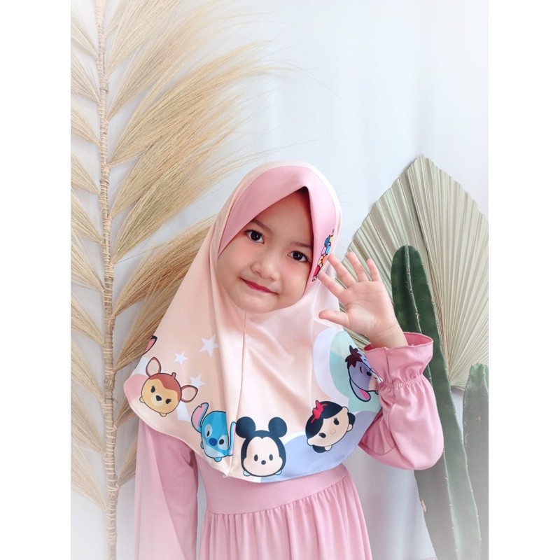 hijab instant anak TSUM-TSUM, hijab karakter , bergo anak , hijab instant printing