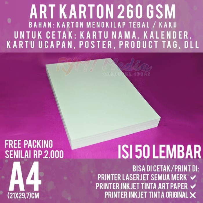

kertas- kertas art karton 260 gsm a4 isi 50 lbr / carton paper glossy 260 gram -kertas.