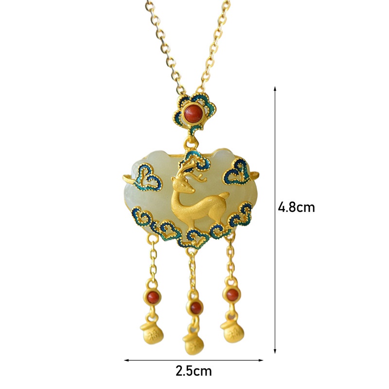 Fancyqube New Silver Inlaid Natural Hotan White Jade Lace Pendant Necklace With Tassel Unique Ancient Gold Craft Women's Brand Jewelry