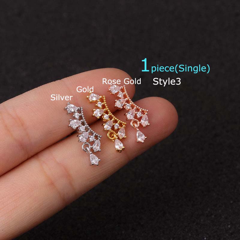 1piece stainless stud with zircon earrings stud 6mm bar cartilage tragus piercing helix