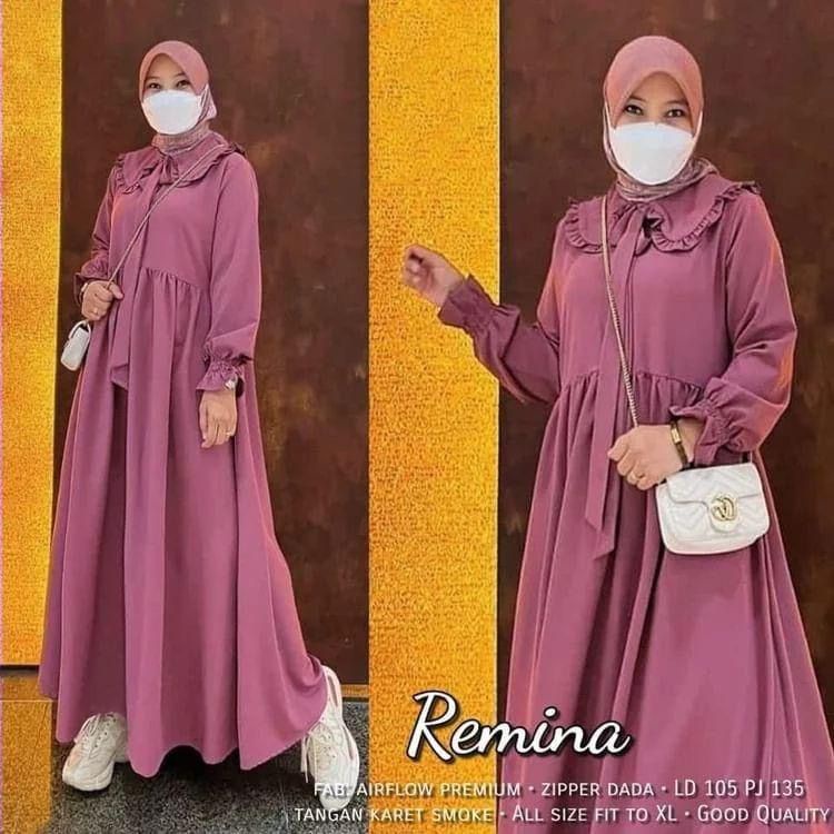 RABIRA DRESS GAMIS  CRINKLE PREMIUM DRESS WANITA TERBARU 2022 BAJU KONDANGAN REMAJA KEKINIAN OOTD WANITA DRESS POLOS WANITA DRESS MEWAH DAN MEGAH-Remina Dusty