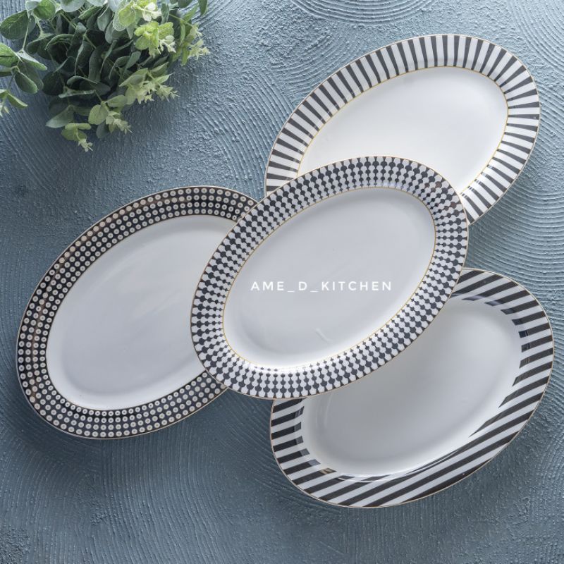 Piring bijian oval keramik besar 14" black and white