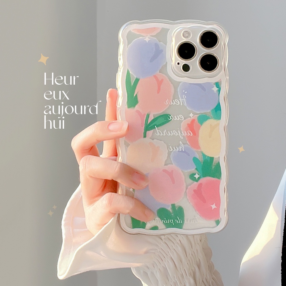 IPHONE Ins Fashion Bunga Tulip Warna-Warni Berbentuk Gelombang Perlindungan Penuh Casing Ponsel Cover Untuk Iphone7 8 PLUS X XR XS 11 12 13 14 MINI PRO MAX SE 2020