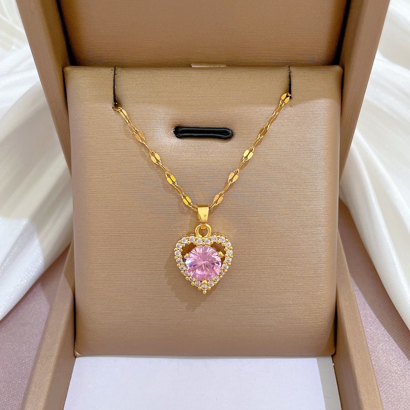 Kalung Rantai Emas 18K Dengan Liontin Hati Hias Batu Zircon Kubik Hypoallergenic Untuk Wanita