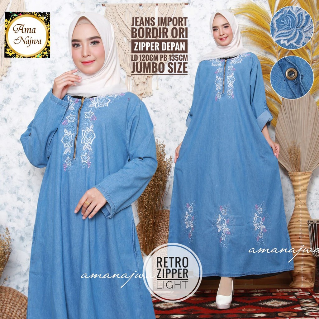 REALPICT Gamis Jeans Import Bordir Zipper Depan Jumbo RETRO ZIPPER Original