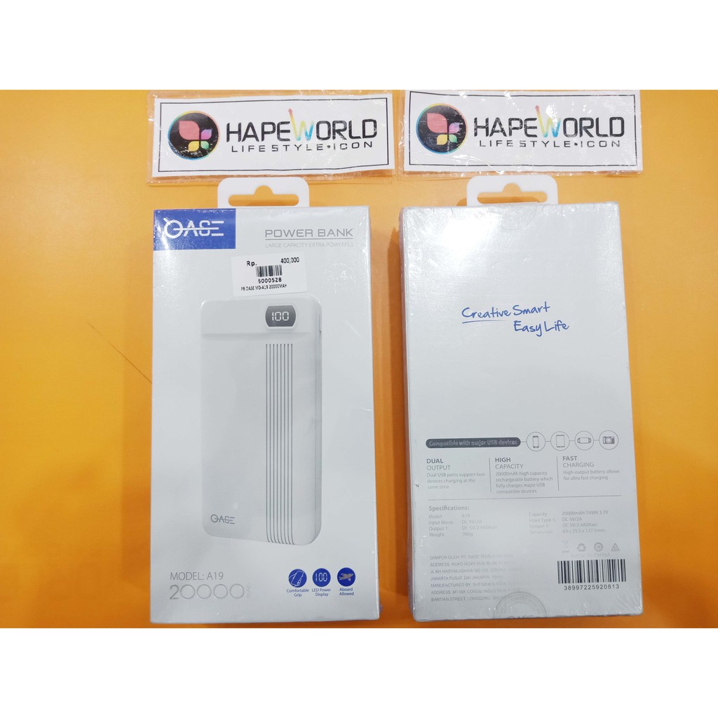 POWERBANK MURAH ORIGINAL OASE REAL 20000MAH MD-A19 GARANSI RESMI AWET DAN TAHAN LAMA