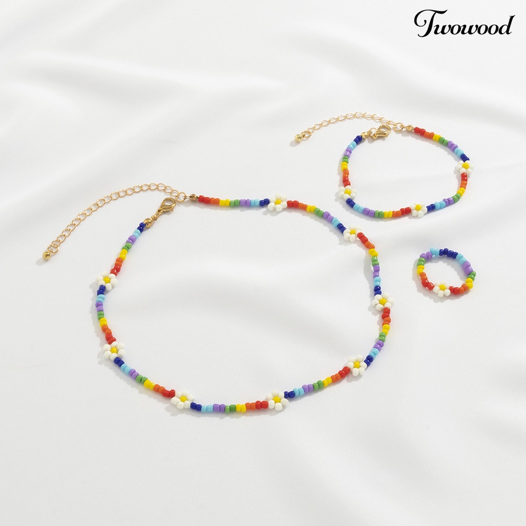 1 Set Kalung Gelang Cincin Manik-Manik Bunga Warna-Warni Handmade Untuk Perhiasan Pantai