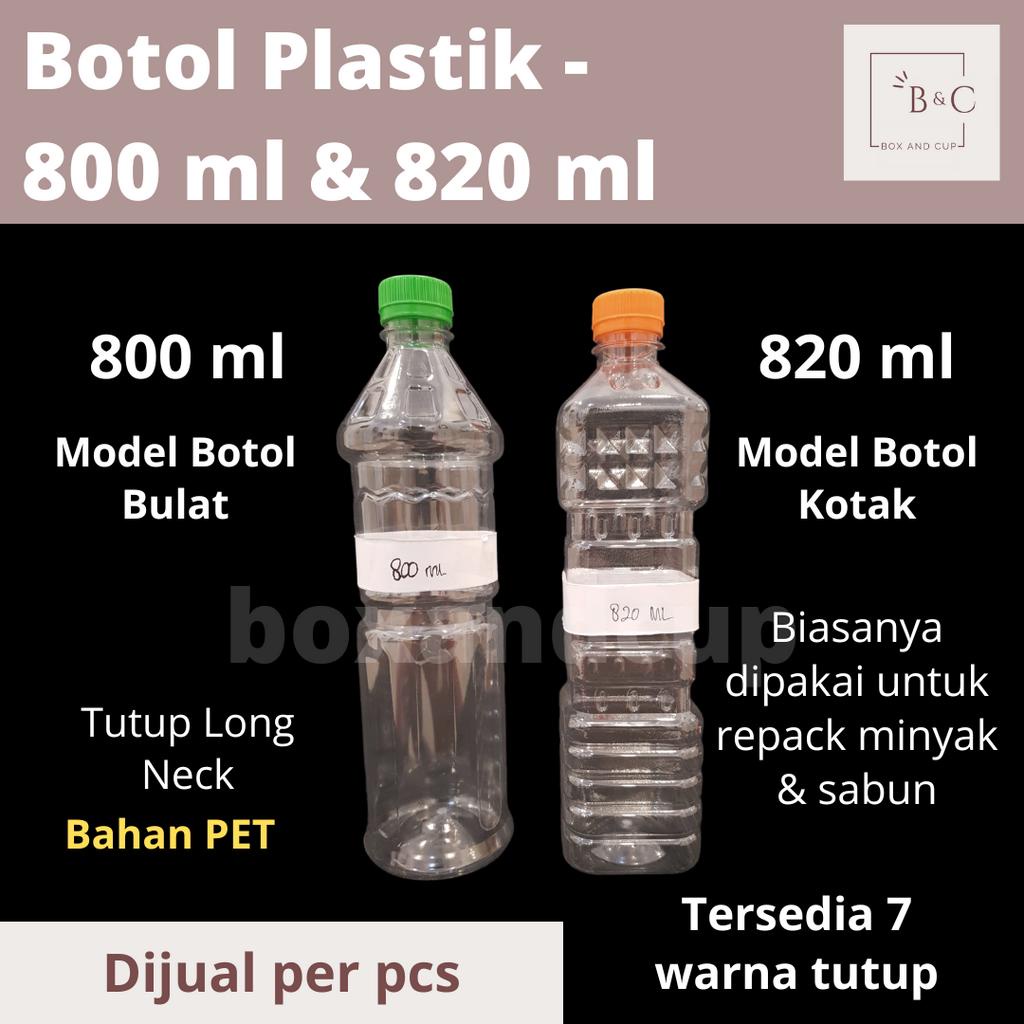 Botol Plastik Bulat Kotak PET Bening 800 ml & 820 ml + Tutup untuk Repack Sabun & Minyak Murah