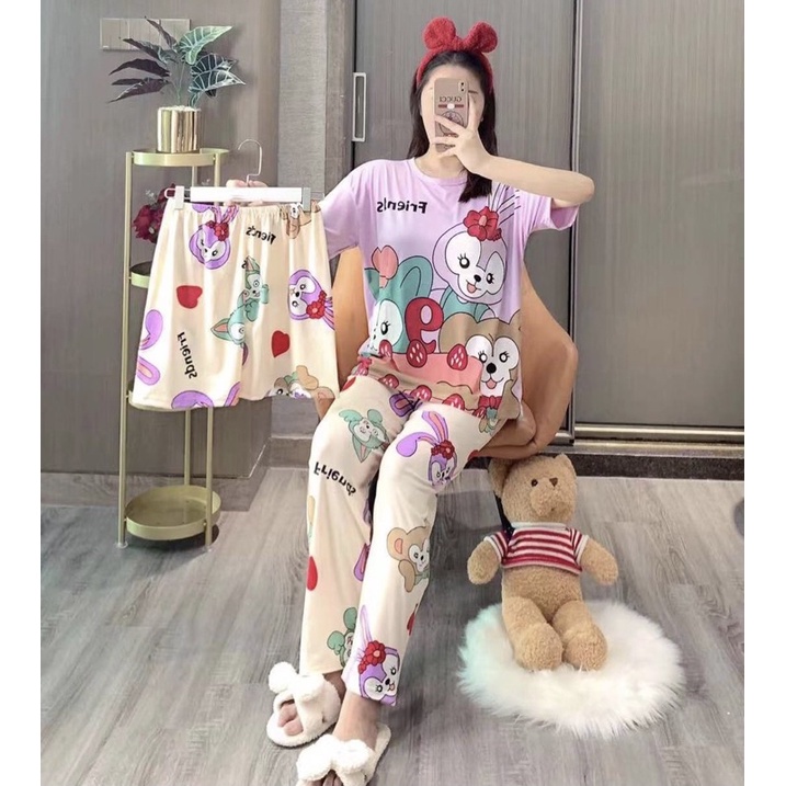 JC- Stelan Oversize 3in1 Import / Piyama 3in1 / Piyama Korea wanita terbaru Murah-3in1 Bunny MonkLilac