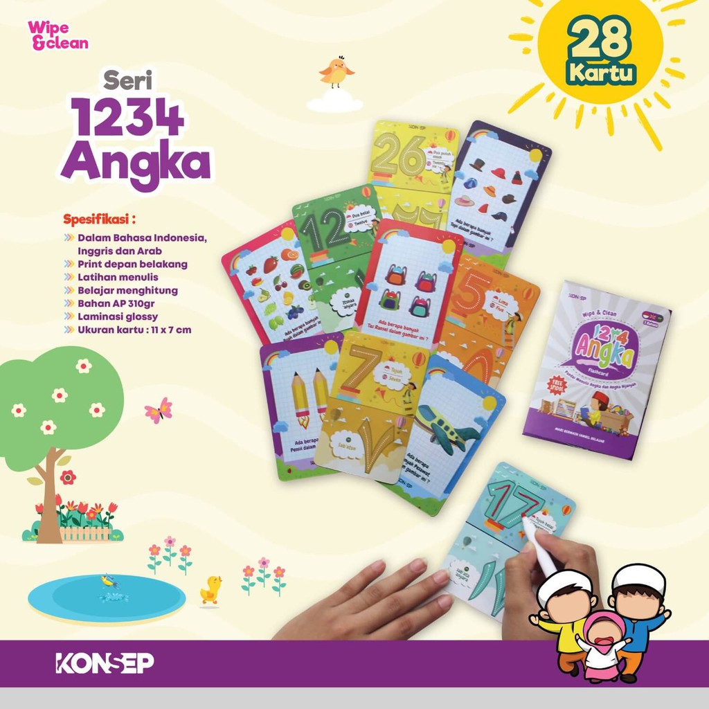 Flash Card Wipe &amp; Clean Angka Hijaiyah - Kartu Edukasi Belajar Anak - Konsep Studio Original