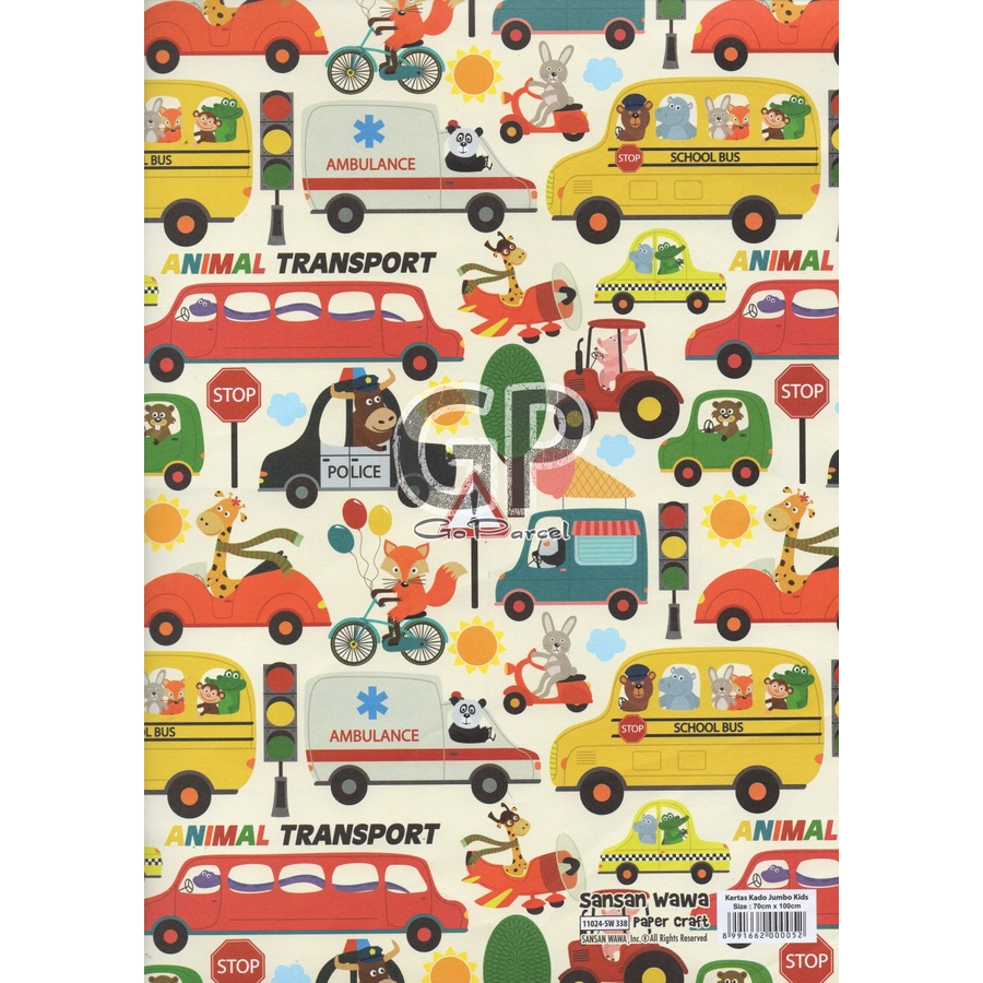 ( 5 Lembar ) JUMBO CARS SANWA - KERTAS KADO - GIFT WRAP PAPER SANSAN WAWA MOBIL MCQUEEN / TRUCKS / EXAVATOR TRUCKS / SOCCER BOYS / BIRTHDAY / ULANG TAHUN / PIRATES / AMBULANCE / POLICE CARS