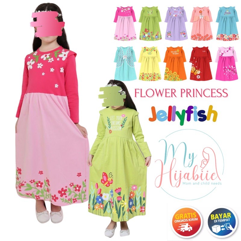 Gamis Long Dres Anak Perempuan Lucu Jelly Fish Flower Princes - Longdress Jellyfish 2 4 6 8 10 Tahun