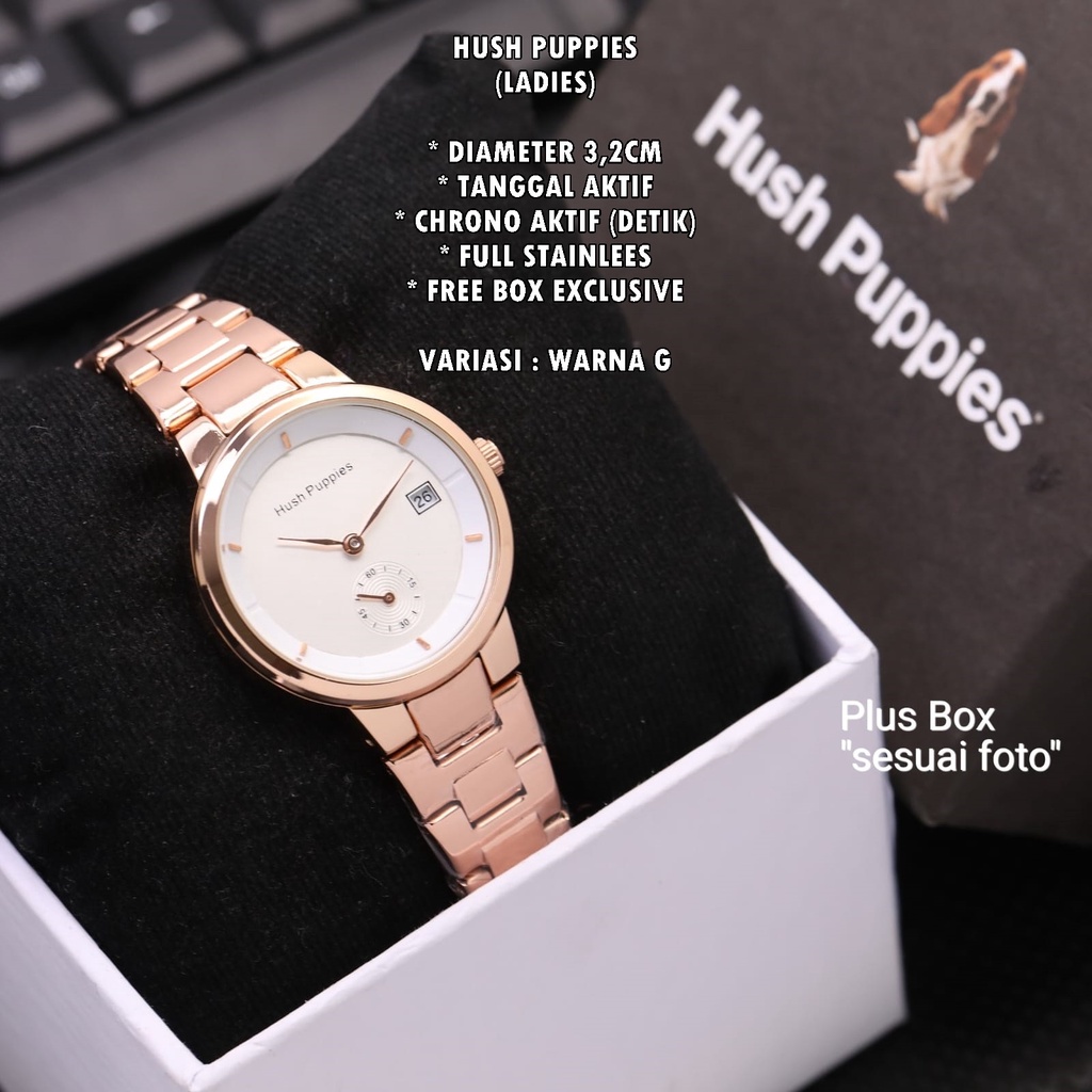 (FREE BOX) JAM TANGAN HUSH HUPPIES RANTAI BODY BULAT TANGGAL &amp; CHRONO AKTIF