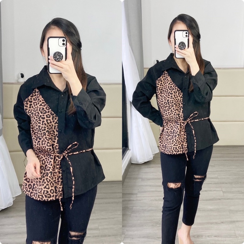 real pic kemeja fashion wanita LD 110 / kemeja elegant twotone leopard