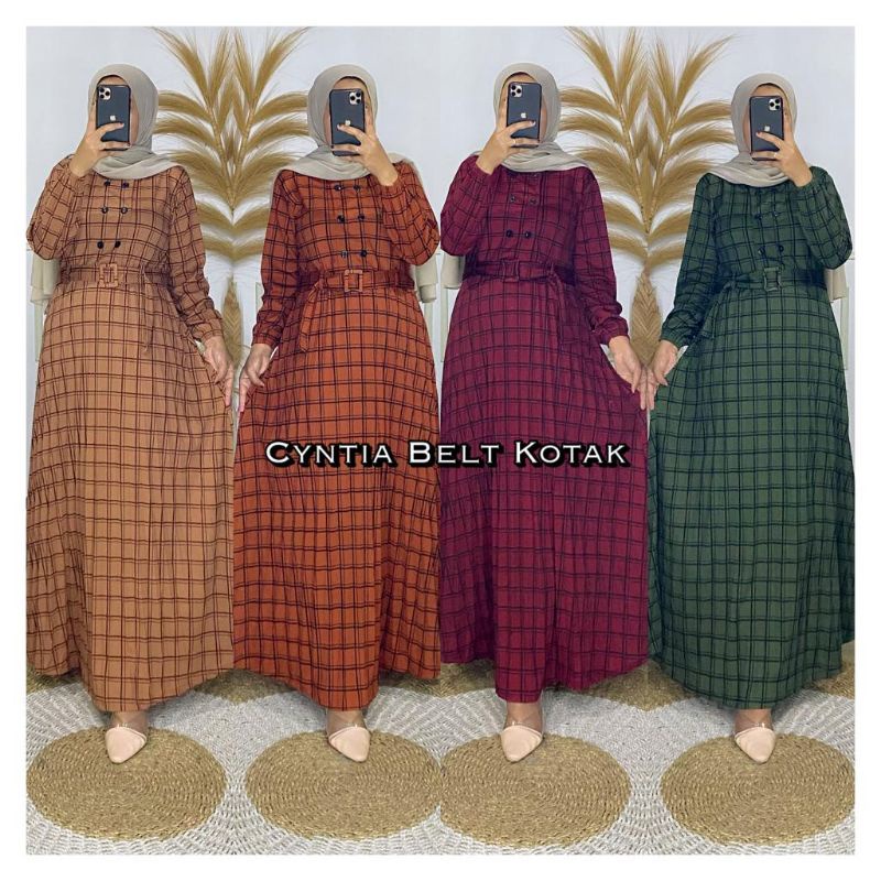CYNTIA BELT KOTAK 2263  MAXY DRESS VOXY POLKADOT GAMIS MUSLIM WANITA GAMIS BUSUI KANCING GAMIS BELT