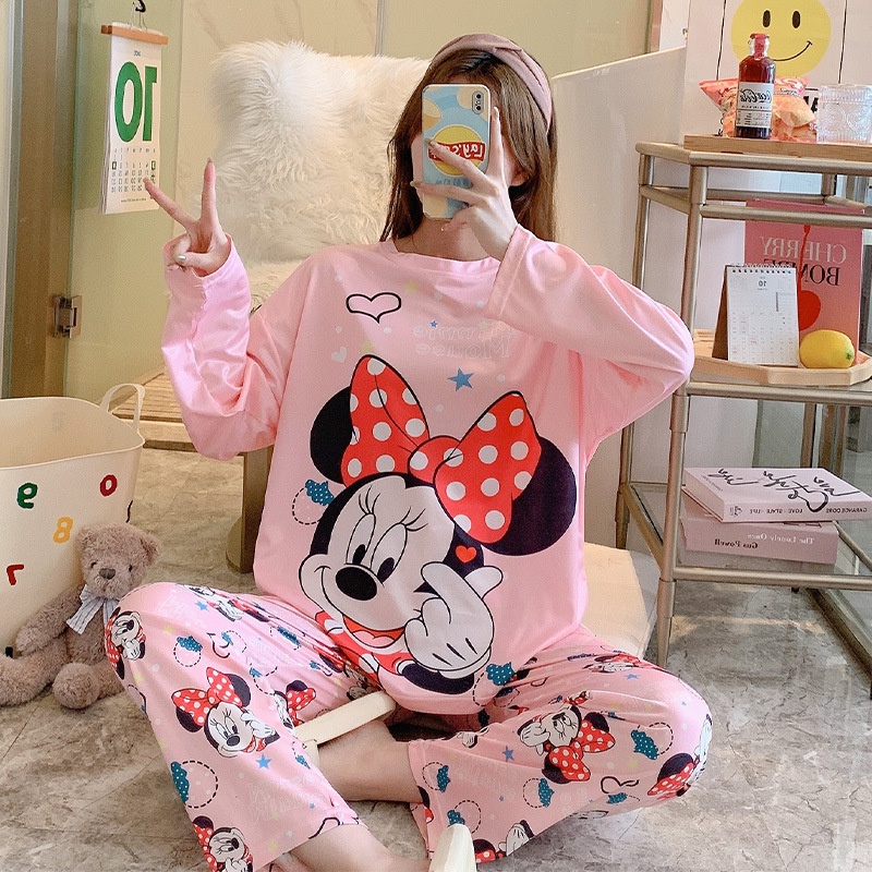 Setelan Piyama Bahan Adem Lengan Panjang Oversize Karakter Lucu Baju Tidur Wanita-1