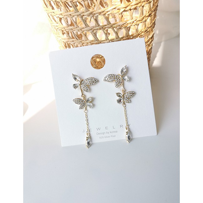 Lrc Anting Tusuk Fashion Golden Butterfly Rhinestone Tassel Alloy Earrings K08248
