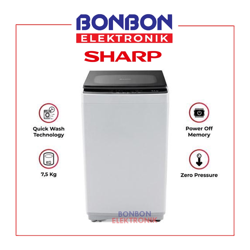 Sharp Mesin Cuci 1 Tabung 7.5KG ES-H758T-GY Quick Wash Glass 7.5 KG