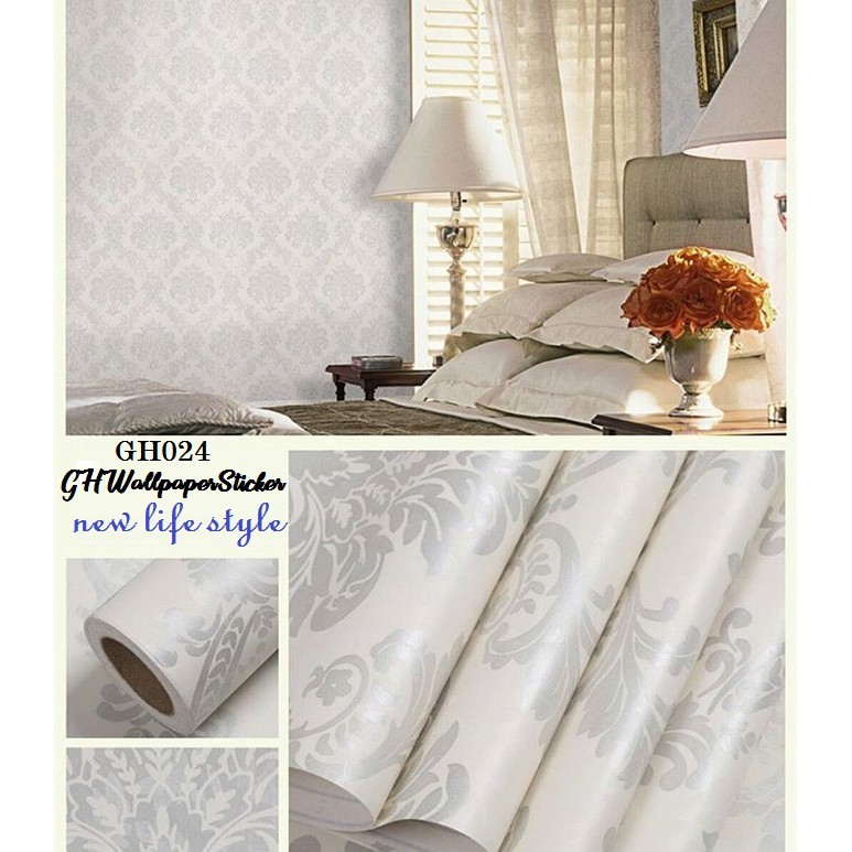 (PROMO COD) Wallpaper Dinding Motif Cream and Silver Best Quality / Wallpaper Dinding Motif Kembang