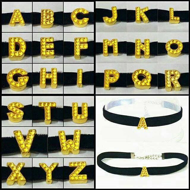 HURUF A HABIS. TERMURAH Golden Initial Custom Black Velvet Choker Necklace | Kalung Handmade