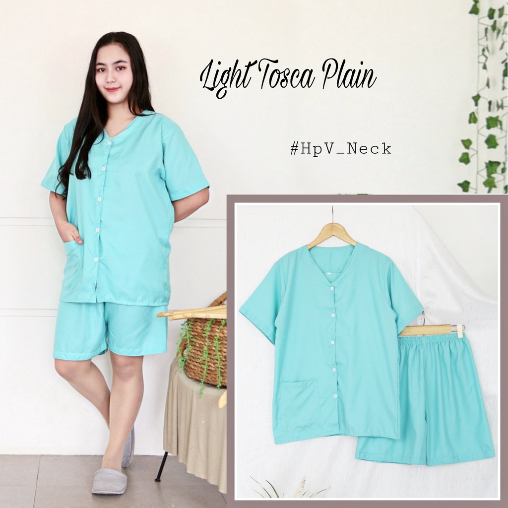 IZANY Piyama Dewasa Hotpant V Neck all size  / HP Celana Pendek  PLAIN Polos-LIGHT TOSCA PLAIN