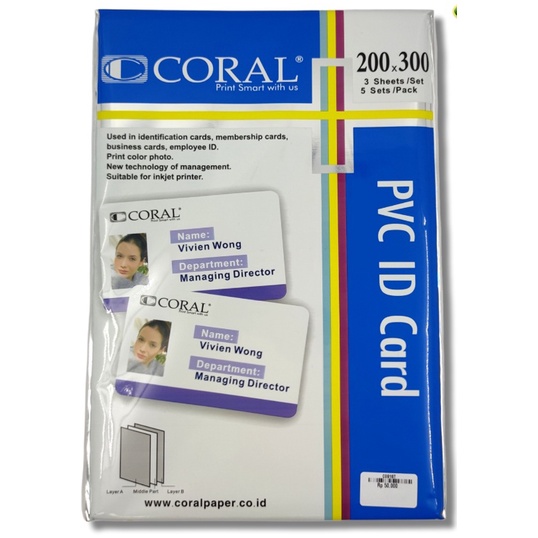 

KERTAS PVC ID CARD MEREK CORAL UNTUK MENCETAK KARTU VAKSIN , KARTU PELAJAR DLL