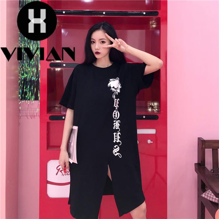 ?VIVIAN? Dress Kaos Wanita Lengan 1/2 Longgar Motif Print Tulisan dengan Belahan Depan Gaya Korea