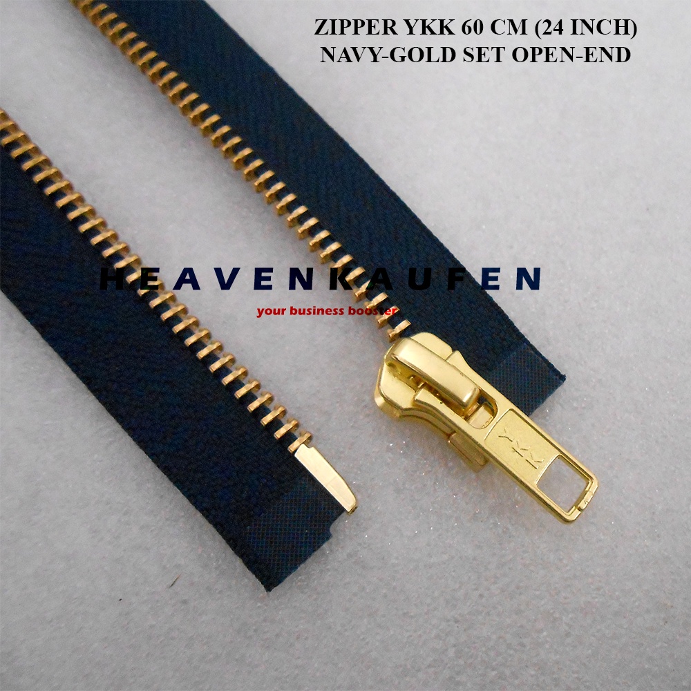 Resleting Zipper Jaket YKK 60 cm Atau 24 inch Type Gigi Besi Warna Biru Dongker Navy - Gold Emas Set Open End Buka Lepas