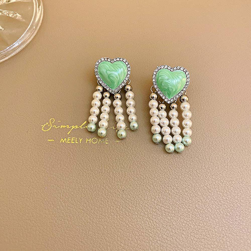 NEEDWAY Mutiara Jantung Anting Perhiasan Fashion Halus Cinta Hati Mutiara Rumbai Berlian Imitasi Drop Earrings Wanita Earrings