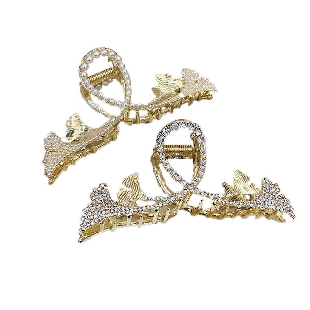 Needway   Perempuan Cakar Rambut Mewah Besar Elegan Fashion Berlian Imitasi Logam Bentuk Ginkgo
