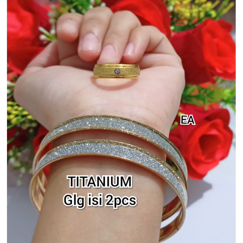 GELANG WANITA TITANIUM ASLI BAHAN LAPIS EMAS PUTIH ANTI LUNTUR 2PCS FREE CINCIN