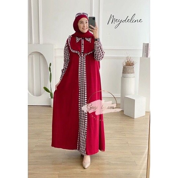 Gamis Set Outer Setelan Wanita Jumbo Gamis Kotak Kotak Cardigan Panjang One Set Wanita Gamis Meydeli