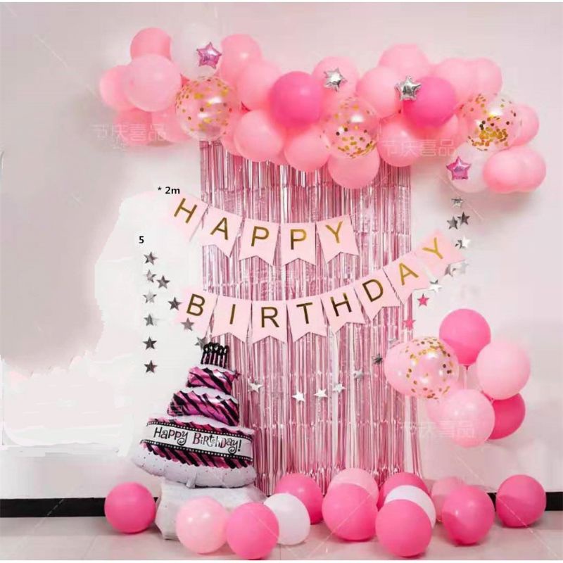 paket set dekorasi indoor ultah ulang tahun HBD thema girly anak perempuan warna pink Kombinasi leng