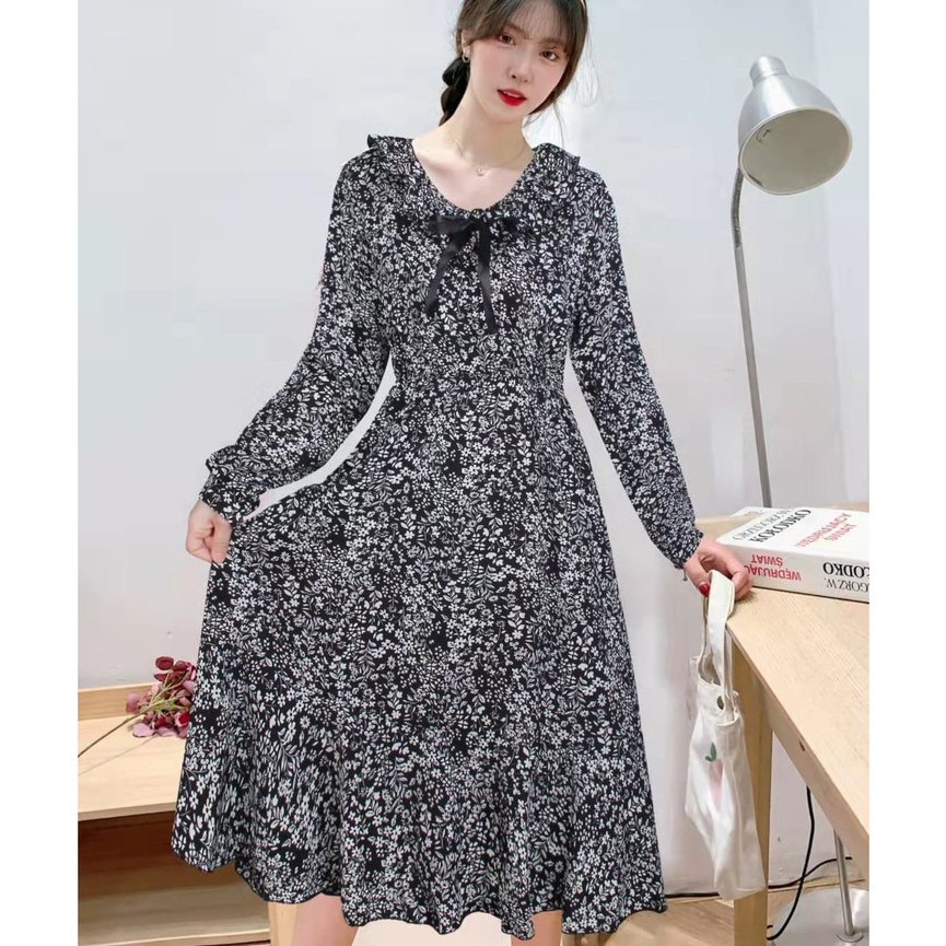 Gaun Wanita Motif Floral Dress Vintage Korean Style 9920 - 9925-FLORAL1