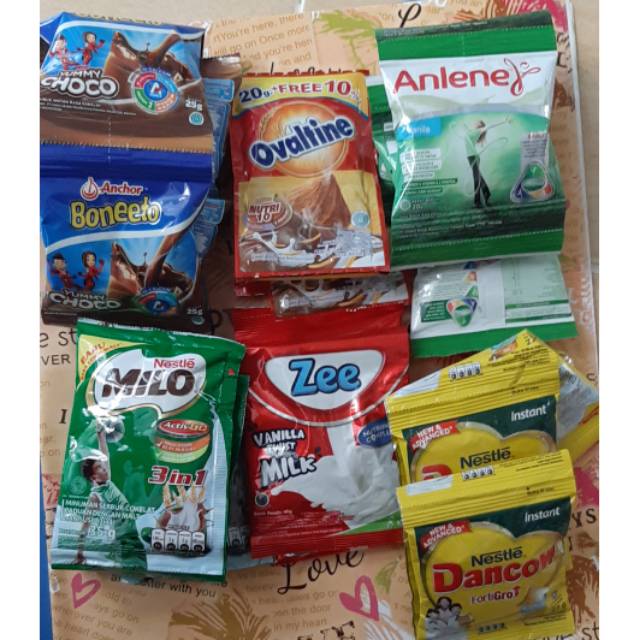 

Dancow Milo boneto zee ovaltime indocafe cofeemix anlen sachet / susu sachet