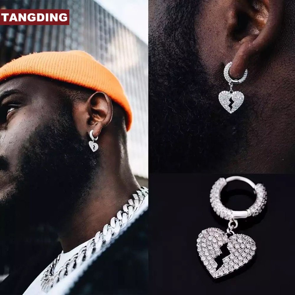 【COD Tangding】Perhiasan Anting Liontin Zirkon Bentuk Hati Gaya Hip Hop Rap DIY Untuk Pria