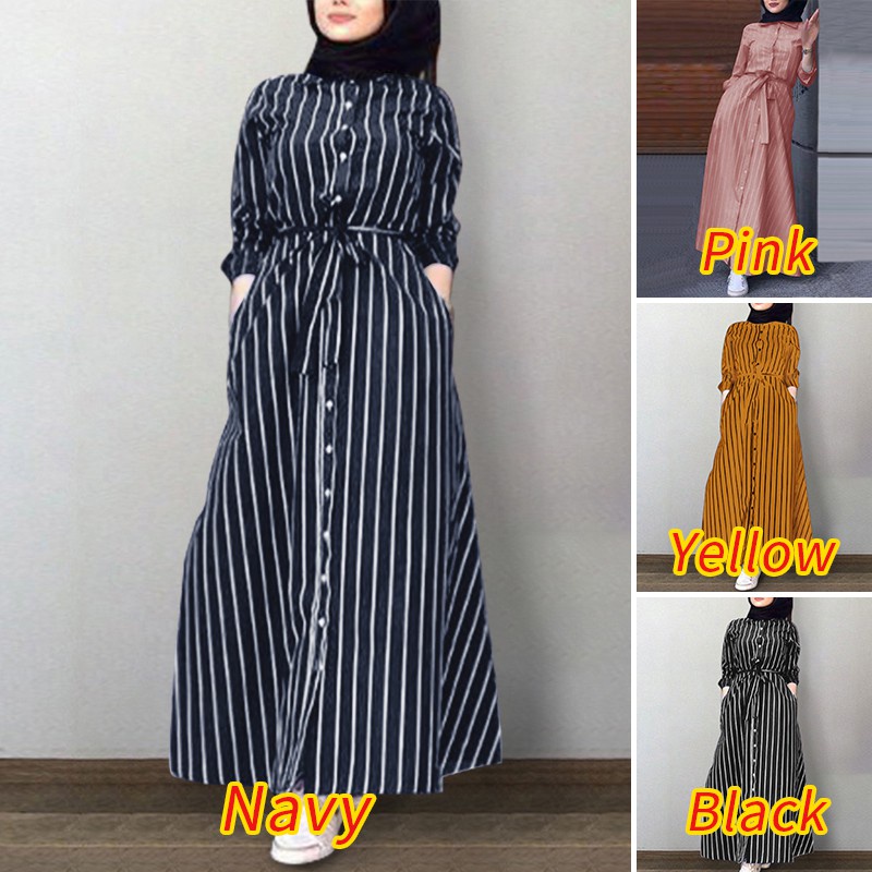 ZANZEA Women Long Sleeve Lapel Collar Belted Striped Muslim Long Dress