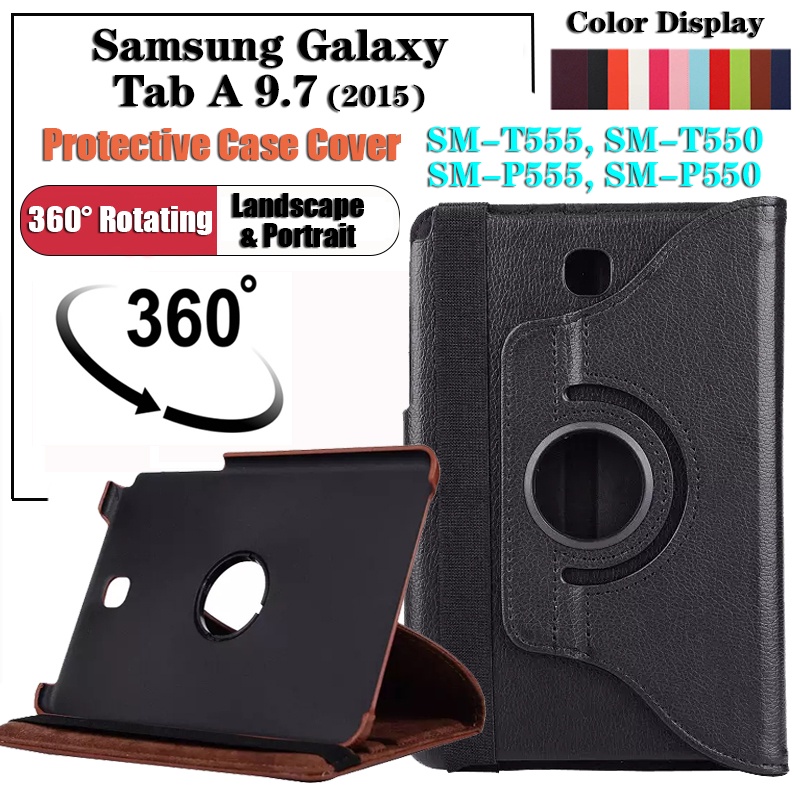 Untuk Samsung Galaxy Tab A 9.7 (2015) SM-T555 SM-T550 SM-P555 SM-P550 Tablet Protection Cover Fashion Skins360° Rotating Stand Casing Flip Lipat Folio Leather Case