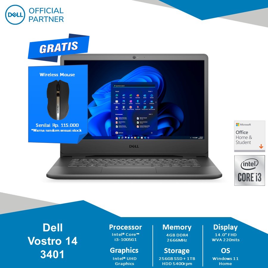 Dell Vostro 3401 [Ci3-1005G1-4-256GB+1T-UMA-W11-OHS] DELL OFFICIAL