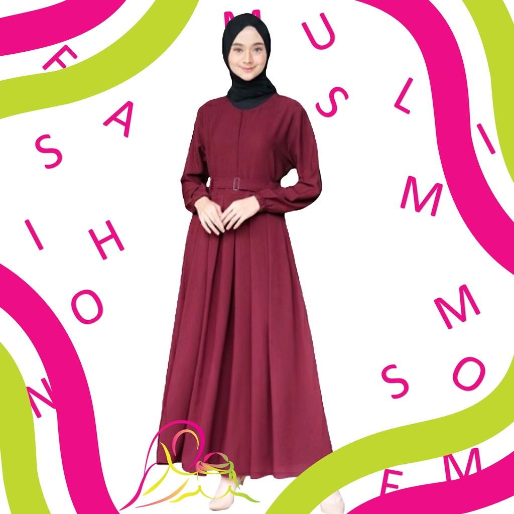 Gamis Baju Dress Wanita Syari Sleting Busui Murah Polos Ikat Pinggang